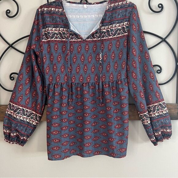 Boho Peasant Blue Long Sleeve Keyhole Tie Peplum Blouse Size Large - Picture 2 of 9